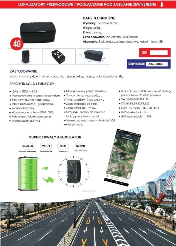 Lokalizator GPS 4G, AK6-20000 , wbudowany akumulator + alarmy - obrazek 4
