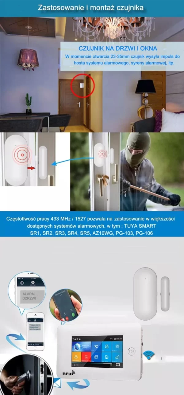 Czujnik drzwi/okien PB68 , kontaktron 433MHz bezprzewodowy - obrazek 5